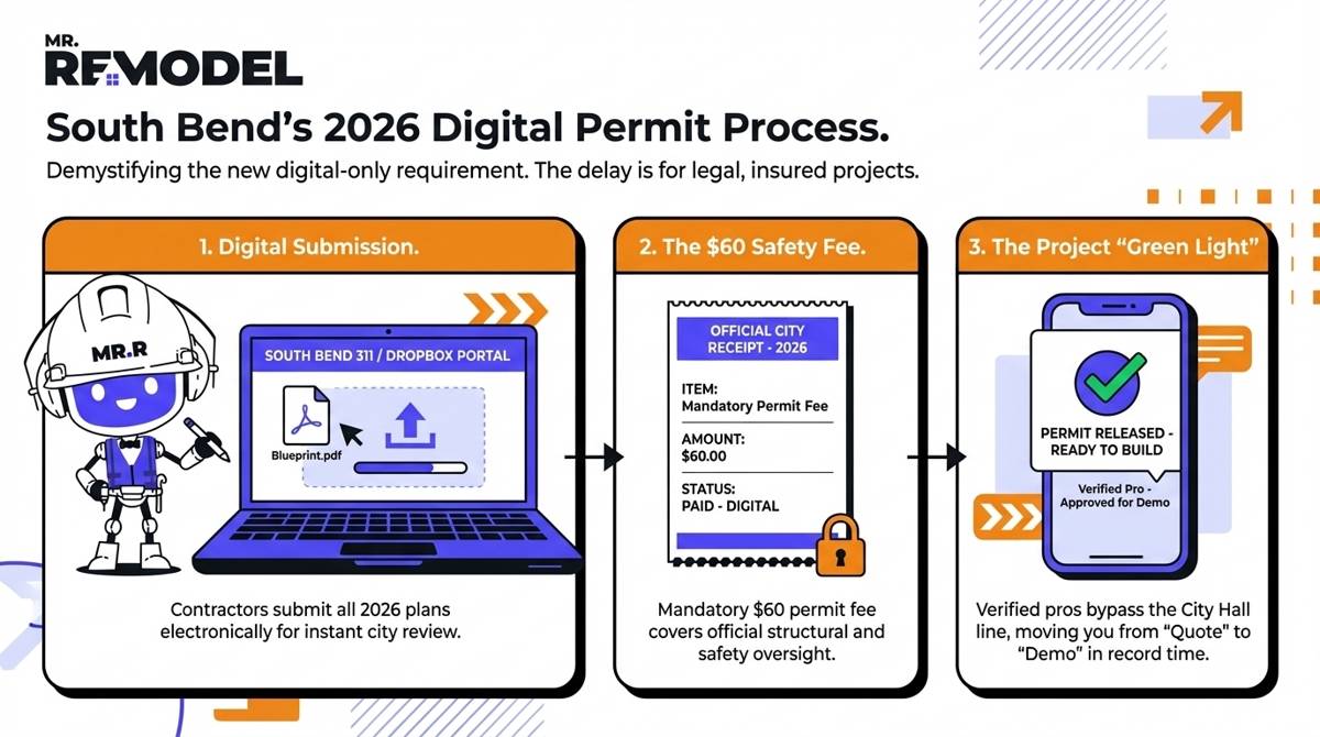 An infographic explaining the South Bend 2026 digital permit process, showing the $60 minimum fee and the transition from digital filing to municipal project approval for residential remodels.